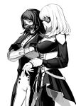 2girls bang_dream! bang_dream!_it&#039;s_mygo!!!!! blue_eyes breasts closed_mouth clothing_cutout coat commentary corset crossed_arms deerwhisky gloves greyscale long_hair long_sleeves mask masquerade_mask medium_breasts medium_hair misumi_uika monochrome mouth_mask multiple_girls pants purple_eyes shoulder_cutout simple_background skirt spot_color yahata_umiri 