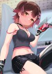  1girl absurdres black_choker black_shorts breasts brown_eyes brown_hair choker cleavage half_updo highres hololive keyboard_(computer) midriff monitor navel nushiya_(ayihsem) playstation_controller roboco-san shorts sitting smile virtual_youtuber 