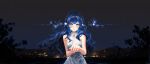  1girl absurdres arknights astesia_(arknights) blue_eyes blue_hair blush bright_pupils city_lights collared_dress constellation dress highres immeasurable light_smile long_hair looking_at_viewer mountainous_horizon night night_sky outdoors pov reaching reaching_towards_viewer see-through see-through_dress sky sleeveless sleeveless_dress solo star_(sky) starry_sky tree valentine wavy_hair white_dress white_pupils 