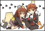  1girl animal animal_on_head bow brother_and_sister brown_hair cat cat_on_head doruji little_busters! long_hair natsume_kyousuke natsume_rin on_head paw_print pink_bow ponytail red_eyes school_uniform short_hair siblings too_many too_many_cats yui_(ntm-21) 