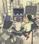  4boys bag_of_chips black_jacket black_pants blonde_hair blue_hoodie can cat clenched_hand commentary crossed_arms crt drink_can facing_away food from_behind gakuran game_console green_hair grey_socks hacchi_(napoli_no_otokotachi) hand_up highres hood hood_up hoodie house indian_style indoors jack-o&#039;_ran-tan jacket jacket_over_hoodie knees_up long_sleeves magazine_(object) mahou_shoujo_minky_pinky maiko_(setllon) monochrome_background multiple_boys napoli_no_otokotachi on_floor open_door pants playing_games pocky profile purple_hair red_socks school_uniform shirt short_hair shouji shu3_(napoli_no_otokotachi) sitting sleeves_rolled_up sliding_doors socks sugiru_(napoli_no_otokotachi) super_famicom super_famicom_gamepad sweater table tatami trash_can turtleneck turtleneck_sweater unworn_jacket video_game white_shirt white_sweater 