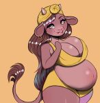 2021 2_horns anthro bangs belly big_belly big_breasts bottomwear bovid bovine bra breasts brown_body brown_fur brown_hair brown_tail cattle cleavage clothed clothing colored digital_drawing_(artwork) digital_media_(artwork) ear_piercing ear_ring eyebrows eyelashes eyeshadow female fur gold_earring hair headgear headwear hi_res hijab horn hotpants leg_tattoo lips lipstick long_hair long_tail looking_at_viewer makeup mammal mitten_hands multicolored_hair navel orange_background piercing pink_eyes pink_eyeshadow pink_hair pregnant pregnant_anthro pregnant_female red_lipstick religious_clothing religious_headwear ring_piercing rose_(artist) shorts simple_background smile smiling_at_viewer solo sports_bra standing star_in_pupils syrah_(jboy1912) tail tail_tuft tattoo teeth thick_thighs topwear tuft underwear wide_hips yellow_bottomwear yellow_bra yellow_clothing yellow_hijab yellow_hotpants yellow_sports_bra yellow_topwear yellow_underwear