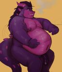 absurd_res anthro balls belly big_belly dragon flaccid genitals hi_res humanoid_genitalia humanoid_penis male moobs nipples nude overweight penis purple_body scalie smile smoke solo tcw