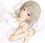  alternate_hairstyle bare_shoulders bed blanket blonde_hair breasts collarbone covered_nipples holding_hands interlocked_fingers large_breasts lying lynette_bishop on_back p-tana parted_lips pillow purple_eyes solo_focus strike_witches world_witches_series 