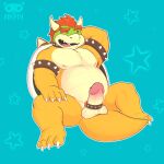 absurd_res anthro belly blushing_at_viewer body_hair bowser bracelet chest_hair collar embarrassed hair hi_res jewelry koopa krepht male male/male mario_bros musclegut muscular nintendo overweight overweight_male pectoral_bulge red_hair scalie solo spiked_bracelet spiked_collar spikes yellow_body