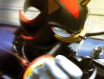  1boy furry furry_male gloves male_focus mixed-language_commentary motion_blur motor_vehicle motorcycle on_motorcycle red_eyes shadow_the_hedgehog shadow_the_hedgehog_(game) signature solo sonic_(series) white_fur white_gloves yanimae 