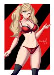  1girl absurdres atlus black_bow black_socks blonde_hair blue_eyes bow breasts highres lingerie navel one_eye_closed panties persona persona_5 persona_5_the_royal red_panties smile socks sonicheroxd takamaki_anne twintails underwear 