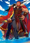  armor beard black_hair book cape cigar day facial_hair fate/zero fate_(series) highres long_coat long_hair lord_el-melloi_ii motsu_(kk_3) multiple_boys older red_eyes red_hair rider_(fate/zero) sky waver_velvet 