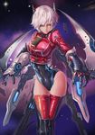  aqua_eyes banned_artist breasts covered_navel gauntlets lips medium_breasts original red_legwear short_hair silver_hair solo thigh_gap thighhighs wide_hips wings yinan_cui 