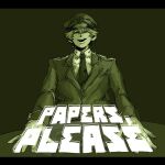  1boy alternate_costume gloves green_theme half-closed_eyes hands_on_table hat highres jack-o&#039;_ran-tan jacket letterboxed long_sleeves looking_at_viewer male_focus military_uniform monochrome myon_(rjurnk) napoli_no_otokotachi necktie outstretched_arms papers_please peaked_cap short_hair shoulder_boards simple_background smile solo suit_jacket uniform upper_body 