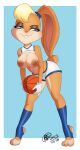 2023 3_toes 4_fingers accessory anthro areola athletic_wear ball basketball_(ball) big_breasts bite biting_lip biting_own_lip black_eyebrows black_eyeliner blonde_hair blue_background blue_bottomwear blue_clothing blue_eyes blue_footwear blue_hair_tie blue_shirt blue_shorts blue_socks blue_topwear border bottomwear breasts brown_areola brown_nipples buckteeth bunbunmuffins butt clothing countershade_legs countershade_neck countershade_thighs countershade_torso countershading dated ears_tied_back exposed_breasts eyebrows eyelashes eyeshadow feet female fingers floppy_ears footwear fur gloves hair hair_accessory hair_tie half-closed_eyes handwear hi_res holding_basketball holding_object hotpants jersey lagomorph leaning leaning_forward leporid lola_bunny looking_aside looney_tunes lop_ears makeup mammal mascara mouth_closed multicolored_body multicolored_bottomwear multicolored_clothing multicolored_fur multicolored_shirt multicolored_shorts multicolored_topwear narrowed_eyes navel nipples orange_body orange_ears orange_fur orange_tail pink_inner_ear pink_nose rabbit scut_tail shirt shirt_up short_tail shorts signature simple_background socks solo space_jam standing tail tan_body tan_fur tan_tail teeth toes topwear two_tone_body two_tone_bottomwear two_tone_clothing two_tone_fur two_tone_shirt two_tone_shorts two_tone_tail two_tone_topwear warner_brothers white_border white_bottomwear white_clothing white_gloves white_handwear white_shirt white_shorts white_topwear
