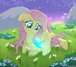  absurd_res arthropod blue_eyes burnedpidgeon butterfly cloud clouds cute english_text equine evening female feral flower fluttershy_(mlp) friendship_is_magic fur grass hair hi_res horse insect long_hair mammal mountain my_little_pony outside pegasus pink_hair pony smile solo sparkles stars text wings yellow_fur 