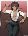  1girl belt black_pants breasts brown_eyes brown_hair cleavage collared_shirt commentary couch dark-skinned_female dark_skin earrings highres jewelry k3nnyn3v korean_text limbus_company multiple_earrings on_couch open_clothes open_shirt outis_(project_moon) pants project_moon scar shirt short_hair signature solo steaming_body suspenders sweat sweatdrop symbol-only_commentary tongue tongue_out white_shirt 