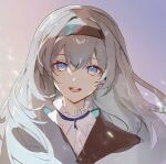 1girl :d black_hairband black_jacket blue_eyes blue_pupils collared_shirt cropped_head firefly_(honkai:_star_rail) grey_background grey_hair hair_intakes hairband head_tilt honkai:_star_rail honkai_(series) jacket long_hair looking_at_viewer open_mouth portrait qaz82975 shirt sidelocks simple_background smile solo straight-on teeth upper_teeth_only white_shirt 