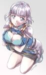  1girl blue_eyes blush braid breasts cleavage gloves grey_hair hair_ornament hairclip huge_breasts large_breasts looking_at_viewer mikage_nao seolla_schweizer short_hair side_braid solo super_robot_wars super_robot_wars_original_generation 