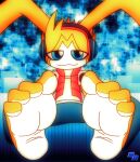 4_toes appmon appmon_(species) bandai_namco barefoot bottomwear clothing countershade_feet countershading digimon digimon_(species) electronics feet foot_focus headphones humanoid looking_at_viewer male musimon pants plantigrade ryoo sitting soles solo teasing toes topwear vest yellow_body