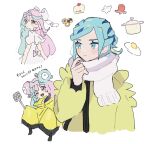  1boy 1girl :d aqua_hair biscuit_(bread) blush bow-shaped_hair character_hair_ornament closed_mouth eneko_(olavcnkrpucl16a) fried_egg grusha_(pokemon) hair_ornament hand_up highres iono_(pokemon) jacket long_hair long_sleeves multicolored_hair multiple_views open_mouth pink_hair pokemon pokemon_sv scarf smile spatula two-tone_hair white_background white_scarf yellow_jacket 