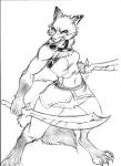 2024 angry anthro black_and_white boots_(marking) bottomwear canid canine chochi clothing digitigrade dual_wielding ear_piercing ear_ring female gloves_(marking) graphite_(artwork) hi_res holding_object holding_weapon mammal markings melee_weapon midriff monochrome pencil_(artwork) piercing ring_piercing scimitar sketch skirt solo sword topwear traditional_media_(artwork) tube_top weapon