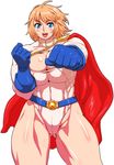  belt blonde_hair blue_eyes bob_cut breasts buckle cameltoe cape cleavage curvy dc_comics gloves kryptonian large_breasts leotard muscle nezunezu power_girl punching red_cape shiny shiny_skin short_hair solo superman_(series) thick_thighs thighs 