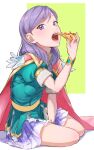  1girl aduti_momoyama belt_pouch cape circlet dress feather_trim fire_emblem fire_emblem:_path_of_radiance fire_emblem_heroes food gold_trim gradient_clothes hair_ornament highres holding holding_food holding_pizza ilyana_(fire_emblem) ilyana_(resplendent)_(fire_emblem) jewelry long_hair looking_at_viewer official_alternate_costume open_mouth pink_cape pizza pouch purple_eyes purple_hair short_dress short_sleeves simple_background skirt solo white_background wrist_cuffs 