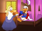&lt;3 &lt;3_eyes anatid anseriform anthro avian bedroom bedroom_eyes bird blonde_hair bottomless bottomless_male boyfriend/girlfriend breasts clothed clothing comedic daisy_duck disney donald_duck duck duck_footed duo excited_expression excited_male female hair half_naked heart_beating hi_res humor lunula_(artist) male male/female musketeer narrowed_eyes non-mammal_breasts open_mouth partially_clothed rear_view relaxed_expression romantic royalty seductive smile the_three_musketeers_(disney) undressing
