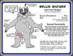 anthro arms_outstretched badger black_nose blue_sclera brown_eyes bruce_(brucebadger) brucebadger dialog_balloon english_text fur genitals grey_body grey_fur half-closed_eyes humanoid_genitalia humanoid_penis male mammal model_sheet mustelid musteline narrowed_eyes nude open_mouth penis pink_penis smile solo teeth_showing text white_body white_fur