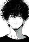  1boy ai-generated black_hair black_shirt close-up facial_hair greyscale hair_between_eyes happy highres male_focus messy_hair monochrome non-web_source original parted_lips portrait shirt simple_background smile solo tagme teeth white_background 