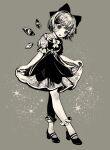  1girl absurdres bow cirno collared_shirt detached_wings dress fairy full_body grey_background greyscale hair_bow highres ice ice_wings looking_at_viewer monochrome open_mouth puffy_short_sleeves puffy_sleeves shirt shoes short_hair short_sleeves simple_background socks solo touhou wings xinjinjumin 