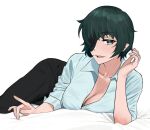  1girl bed_sheet black_pants blush breasts chainsaw_man cleavage collarbone commentary eyepatch green_eyes green_hair gyunzai himeno_(chainsaw_man) large_breasts looking_at_viewer lying on_side one_eye_covered open_collar pants short_hair simple_background smile solo white_background 