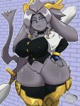 anthro antlers big_breasts big_ears blue_eyes bottomless bovid breasts caprine clothed clothing featureless_crotch female front_view fur goat grey_body grey_fur grey_hair hair hand_on_hip hi_res horn huge_hips hybrid jackalope jyto lagomorph legwear long_ears mammal narrowed_eyes nipple_outline pseudoregalia solo standing sybil_(pseudoregalia) thick_thighs thigh_highs topwear wide_hips
