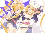  1boy 1girl ahoge alternate_costume black_footwear black_jacket black_shirt black_shorts blonde_hair blue_eyes bow commentary dress fang fingerless_gloves gloves hair_bow hair_ornament hairclip hand_around_waist headphones highres jacket kagamine_len kagamine_rin looking_at_viewer messy_hair multicolored_hair muse_dash naraiaran necktie one_eye_closed open_mouth outline pink_hair pink_outline shirt short_hair shorts siblings skin_fang smile star-shaped_pupils star_(symbol) star_hair_ornament streaked_hair symbol-only_commentary symbol-shaped_pupils tie_clip twins v vocaloid white_bow white_dress white_jacket white_outline yellow_nails yellow_necktie 