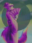 5_fingers anthro asian_clothing canid canine clothing dipstick_tail east_asian_clothing female fingers fox fox_spirit green_background hand_fan hi_res japanese_clothing mammal markings miki_(pppanth) pppanth purple_body simple_background solo tail tail_markings yukata
