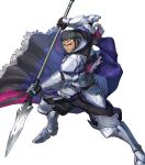  1boy armor attack beard black_cape black_hair blue_cape cape clenched_teeth facial_hair fire_emblem fire_emblem_engage fire_emblem_heroes gauntlets greaves highres holding holding_polearm holding_weapon mauvier_(fire_emblem) multicolored_cape multicolored_clothes non-web_source official_art polearm purple_cape short_hair solo teeth v-shaped_eyebrows very_short_hair weapon 