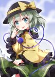  1girl :p akanbe black_headwear blue_eyes blush bow buttons commentary_request diamond_button eyeball eyelid_pull frilled_shirt_collar frilled_sleeves frills green_hair green_skirt hat hat_bow heart heart_of_string highres holding holding_knife knife komeiji_koishi long_sleeves looking_at_viewer medium_hair ruu_(tksymkw) shirt skirt solo third_eye tongue tongue_out touhou wide_sleeves yellow_bow yellow_shirt 