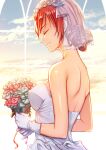  1girl backless_dress backless_outfit bouquet breasts bridal_veil brown_hair closed_eyes closed_mouth commentary dress flower_wreath from_side gloves go-toubun_no_hanayome hair_bun head_wreath holding holding_bouquet kazumaru large_breasts short_hair shoulder_blades sky smile solo veil wedding_dress white_gloves 
