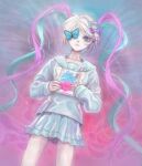  1girl artist_request blue_butterfly blue_hair book bow bug butterfly chouzetsusaikawa_tenshi-chan expressionless grey_hair hair_bow holding holding_book long_hair looking_at_viewer multicolored_hair multiple_hair_bows needy_girl_overdose parted_lips pink_hair quad_tails sailor_collar second-party_source shirt skirt solo very_long_hair 