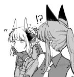  !? 2girls ? animal_ears arknights bare_shoulders closed_mouth collared_shirt commentary_request covered_face dragon_girl dragon_horns expressionless fox_ears fox_girl franka_(arknights) gloves greyscale hand_on_another&#039;s_chin haruichi_(sazanami_complex) horns liskarm_(arknights) long_hair long_sleeves looking_ahead looking_at_another monochrome multiple_girls necktie ponytail profile shirt short_hair sidelocks simple_background turning_head twitter_username unfinished upper_body watermark 