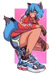  1girl animal_ears animal_nose blue_hair body_fur brand_new_animal brown_fur dolphin_shorts furry furry_female highres jacket kagemori_michiru looking_at_viewer multicolored_hair raccoon_ears raccoon_girl raccoon_nose raccoon_tail red_jacket shoes short_hair shorts signature simple_background smile sneakers solo tail tanuki theyukkinon track_jacket 