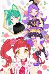  3girls :3 ;d akagi_anna animal_ear_fluff animal_ears blue_eyes blunt_bangs cat_ears choker closed_mouth commentary_request dress flower full_body fur-trimmed_dress fur_trim green_hair hand_up high_heels idol_clothes inogashi kiratto_pri_chan long_hair looking_at_viewer midorikawa_sara multiple_girls one_eye_closed open_mouth pink_eyes pink_flower pink_rose pretty_series purple_dress purple_footwear purple_hair red_choker red_hair ringlets rose shido_mel short_hair smile standing star_(symbol) star_print twintails upper_body v-shaped_eyebrows very_long_hair w yellow_eyes 