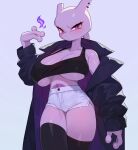 2024 3_fingers absurd_res anthro black_clothing black_legs black_topwear bottomwear breasts clothed clothing collarbone drunk_oak female fingers generation_1_pokemon grey_background hi_res legendary_pokemon legwear looking_at_viewer mewtwo nintendo pokemon pokemon_(species) shorts simple_background solo thigh_highs topwear white_bottomwear white_clothing white_shorts
