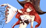  bare_shoulders beancurd blue_background breasts cleavage detached_sleeves green_eyes hair_over_one_eye hat league_of_legends looking_at_viewer medium_breasts red_hair sarah_fortune simple_background smile solo 
