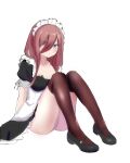  1girl absurdres alternate_costume apron black_dress black_footwear blue_eyes breasts brown_hair brown_thighhighs commentary dh-zone dress enmaided full_body go-toubun_no_hanayome highres knees_up long_hair long_hair_between_eyes looking_at_viewer maid maid_apron maid_headdress mary_janes nakano_miku panties pantyshot puffy_short_sleeves puffy_sleeves shoes short_sleeves simple_background solo thighhighs underwear white_apron white_panties 
