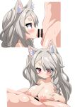  1boy 1girl animal_ears azur_lane blonde_hair blush braid breasts breasts_squeezed_together censored commentary_request concentrating curly_hair expressionless fellatio from_side grabbing_own_breast hair_over_one_eye hetero highres kei_fukamiki large_breasts long_hair nipples nude oral paizuri penis pink_eyes red_eyes single_braid slit_pupils solo_focus topless very_long_hair wolf_ears wolf_girl yuudachi_(azur_lane) 