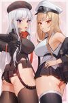  2girls azur_lane belt_pouch commission cosplay costume_switch crossover enterprise_(azur_lane) enterprise_(azur_lane)_(cosplay) from_behind goddess_of_victory:_nikke hat highres ishikawa_yui long_hair looking_at_viewer looking_back maitei_roppa multiple_girls peaked_cap pixiv_commission pouch rapi_(nikke) rapi_(nikke)_(cosplay) thighhighs voice_actor_connection 