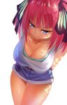  1girl arms_behind_back blue_eyes blue_shorts blunt_bangs breasts butterfly_hair_ornament cleavage closed_mouth commentary_request go-toubun_no_hanayome hair_ornament hair_ribbon highres large_breasts looking_at_viewer nakano_nino partial_commentary pink_hair ribbon short_hair short_shorts shorts smile solo tank_top tutler two_side_up white_background white_tank_top 