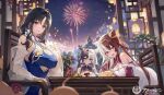  3girls :d azur_lane blue_dress breasts chao_ho_(azur_lane) china_dress chinese_clothes cleavage cleavage_cutout closed_mouth clothing_cutout double_bun dress fireworks green_eyes grin hair_bun hand_on_own_cheek hand_on_own_face head_rest highres hongbao huge_breasts indoors lantern large_breasts lattice leaning_forward looking_at_viewer multicolored_hair multiple_girls night night_sky official_art on_table open_mouth paper_lantern pink_eyes purple_dress purple_eyes purple_hair red_dress red_hair sky sleeveless sleeveless_dress smile table teeth ting_an_(azur_lane) ttosom two-tone_hair white_hair ying_swei_(azur_lane) 