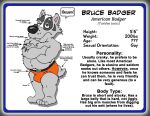 allcaps anthro badger black_body black_fur black_nose blue_sclera briefs briefs_only brown_eyes bruce_(brucebadger) brucebadger bulge claws clothed clothing crossed_arms english_text frown fur grey_body grey_fur half-closed_eyes male mammal model_sheet mustelid musteline narrowed_eyes orange_briefs orange_clothing orange_underwear overweight overweight_male solo teeth_showing text topless underline underwear underwear_only white_body white_fur