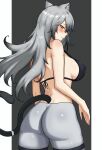  1girl animal_ears arknights ass bare_arms bare_shoulders bikini bikini_top_only blush breasts cat_ears cat_tail commentary cowboy_shot fangs_(fangs_art) grey_hair grey_pants highres large_breasts leggings long_hair looking_at_viewer pants schwarz_(arknights) solo standing swimsuit tail thigh_strap thighs very_long_hair yellow_eyes 