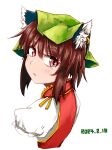 1girl animal_ear_fluff animal_ear_piercing brown_hair chen commentary_request cropped_torso dated earrings expressionless from_side gold_trim green_headwear hair_between_eyes hat highres jewelry kabu_(yuyuibob) looking_at_viewer looking_back mob_cap parted_lips pink_eyes puffy_sleeves red_vest short_hair simple_background single_earring solo tears touhou upper_body vest white_background 