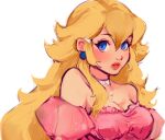  1girl adapted_costume alternate_costume bare_shoulders blonde_hair blue_eyes breasts choker cleavage commentary earrings english_commentary eyelashes fashion frilled_shirt frills hair_ornament hairclip jewelry large_breasts light_blush lipstick long_hair looking_at_viewer makeup mario_(series) parted_lips pink_shirt pink_sleeves princess_peach puffy_short_sleeves puffy_sleeves red_lips shirt short_sleeves simple_background single_sidelock solo sphere_earrings tanyalehoux teeth upper_body very_long_hair white_background white_choker 
